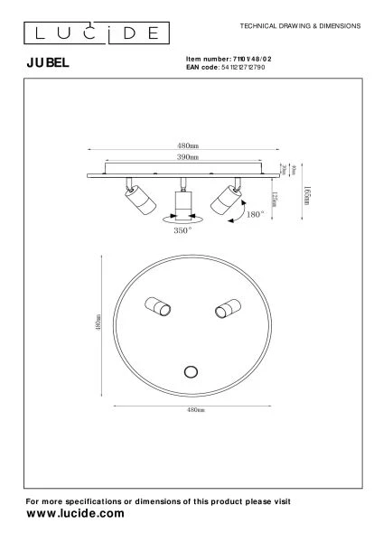 Lucide JUBEL - Plafonnier - Ø 48 cm - LED - CCT - 2700K - Or Mat / Laiton - technique